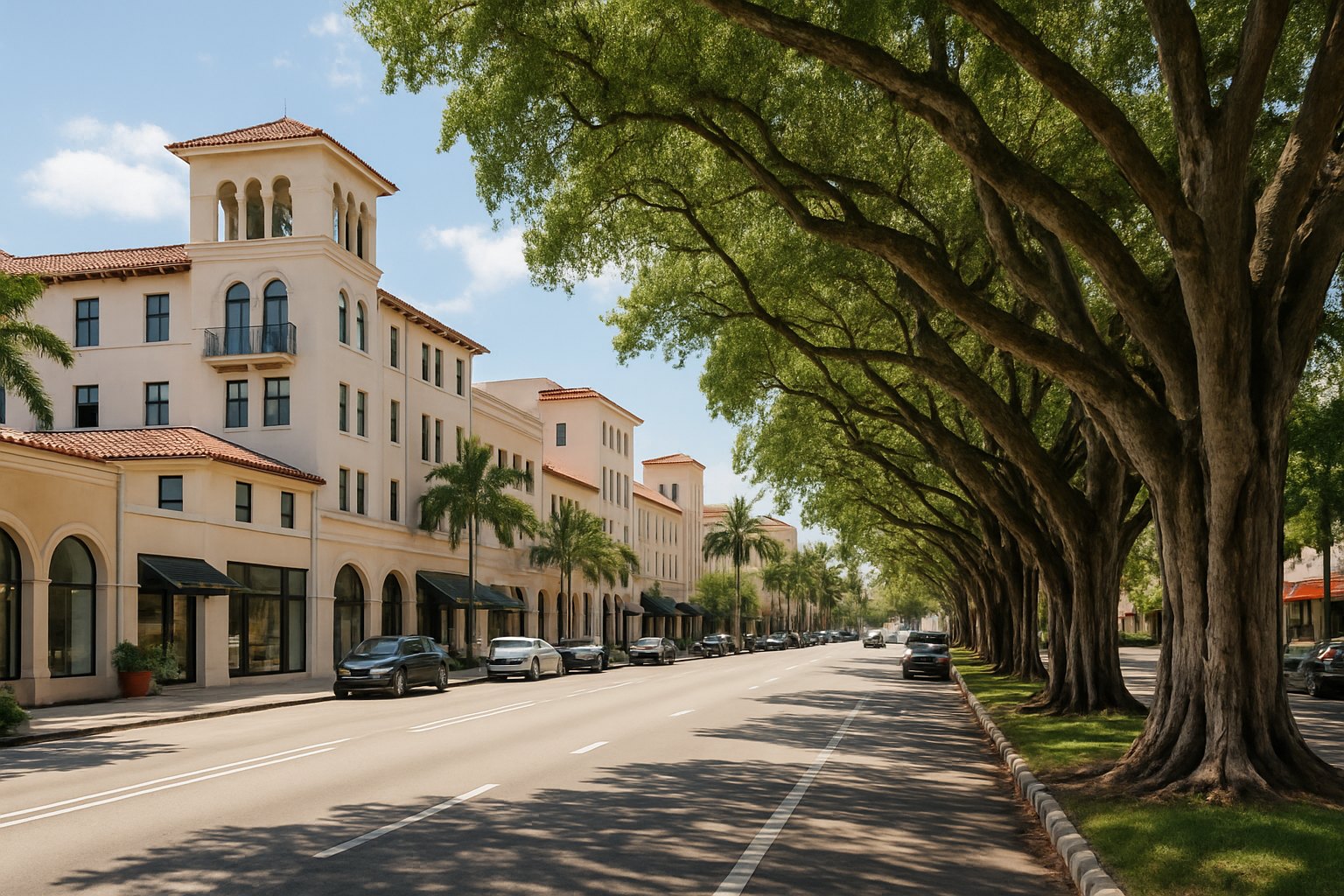 A Coral Gables, Florida street scene. Reyes Injury Law represents injured people across Coral Gables and Miami-Dade County.